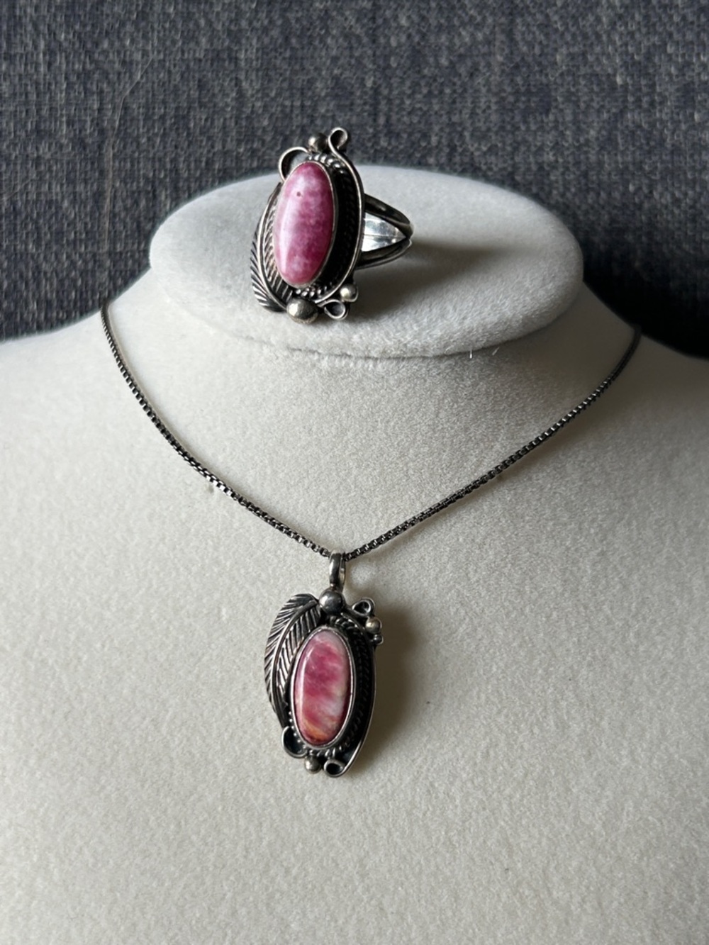 Native American-made Pink Rhodochrosite Sterling Silver Necklace and Ring Set